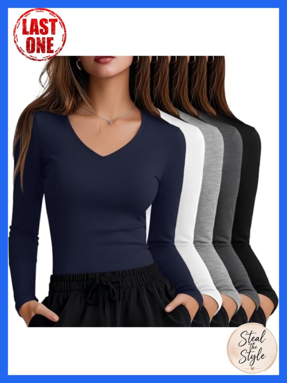 5 Pack Women's Long Sleeve Underscrub V Neck Fitted Tops Soft Stretch Cotton